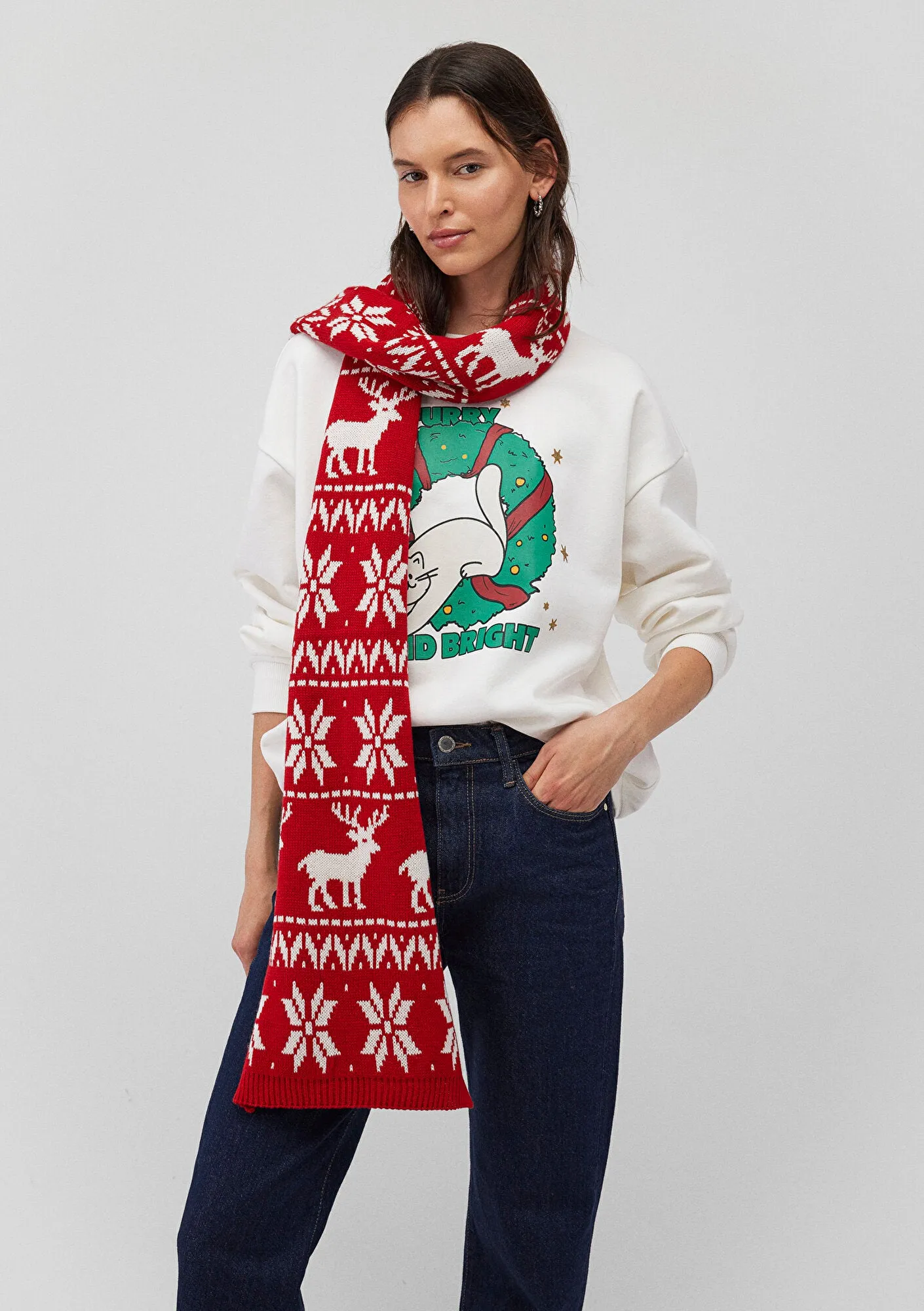 Christmas Printed Red Beanie Scarf