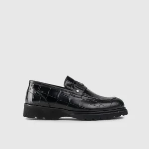 Chunky Sole Dress Loafers 60014 Black Croc