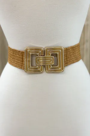 Cognac Ribbed Rectangle Buckle Straw Belt