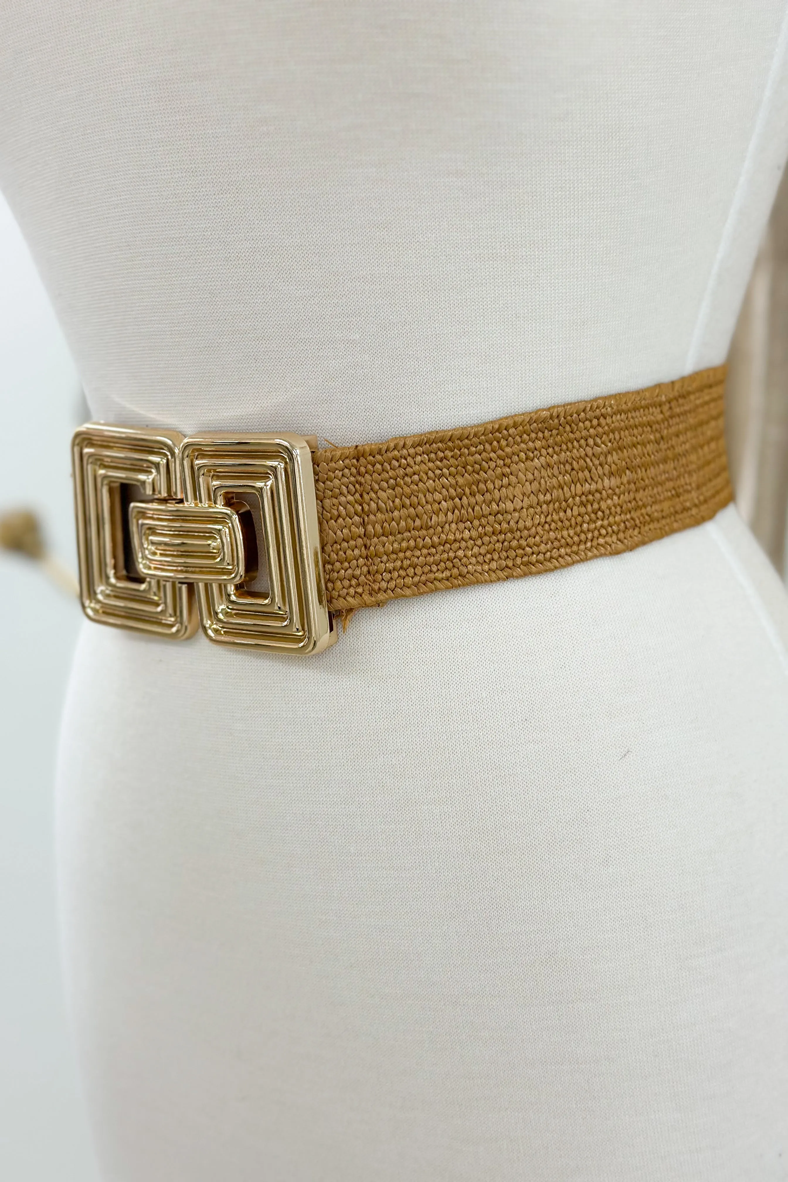 Cognac Ribbed Rectangle Buckle Straw Belt