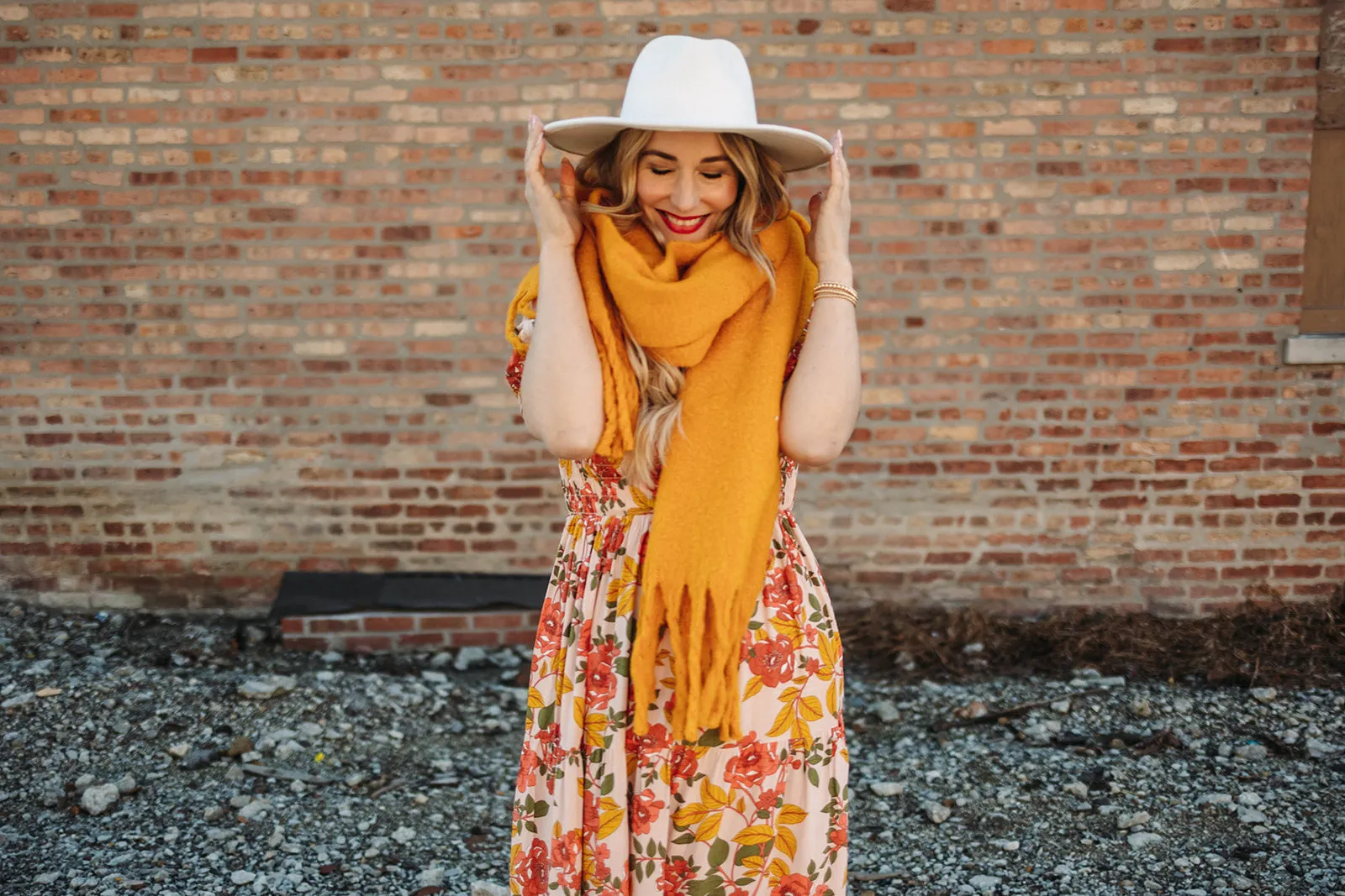 colder weather knit fringe scarf in mustard