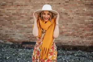 colder weather knit fringe scarf in mustard