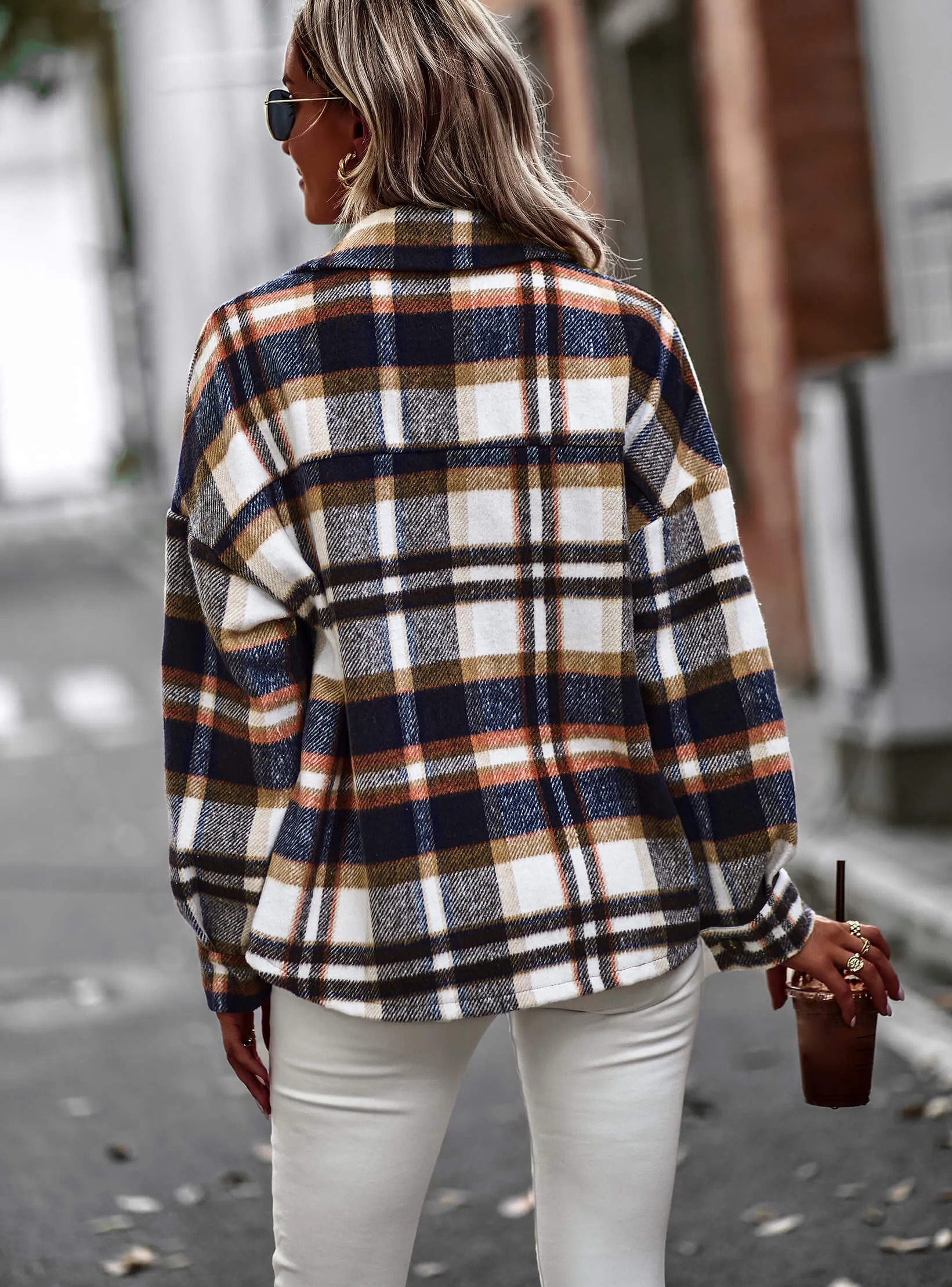 Collared Button-Up Pocketed Plaid Shacket - Brown