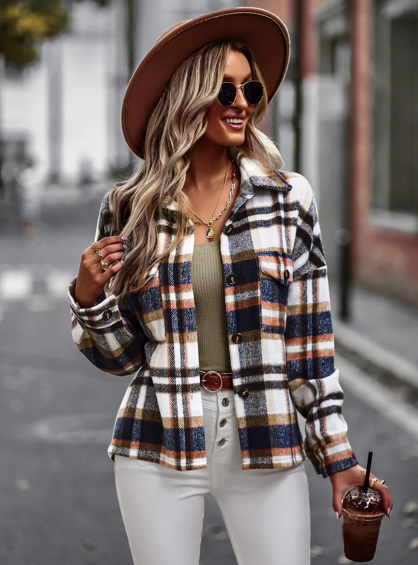 Collared Button-Up Pocketed Plaid Shacket - Brown