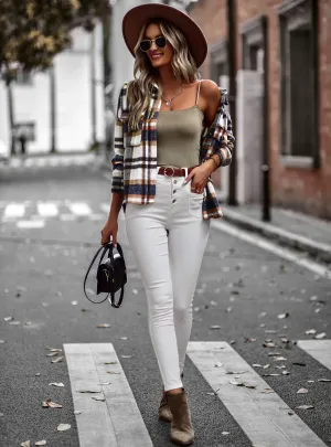 Collared Button-Up Pocketed Plaid Shacket - Brown