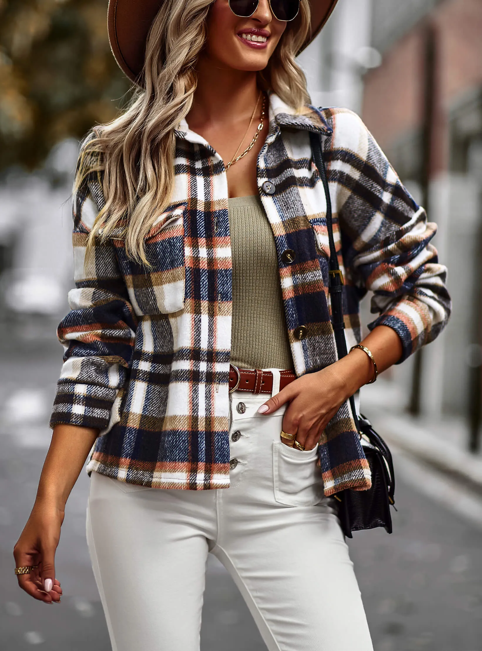 Collared Button-Up Pocketed Plaid Shacket - Brown