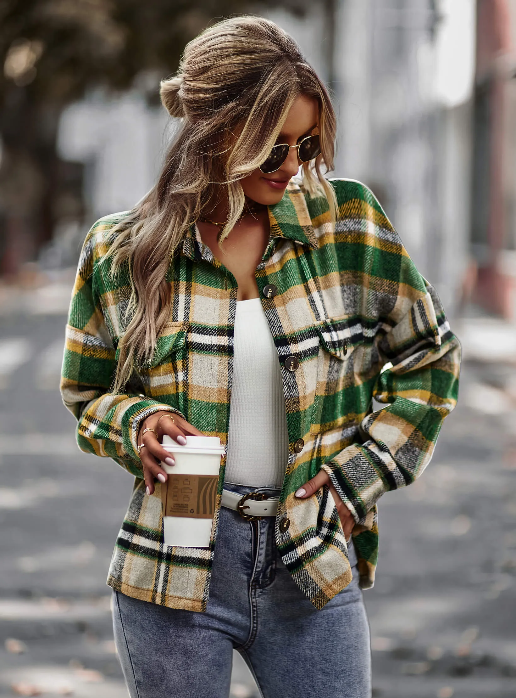 Collared Button-Up Pocketed Plaid Shacket - Green