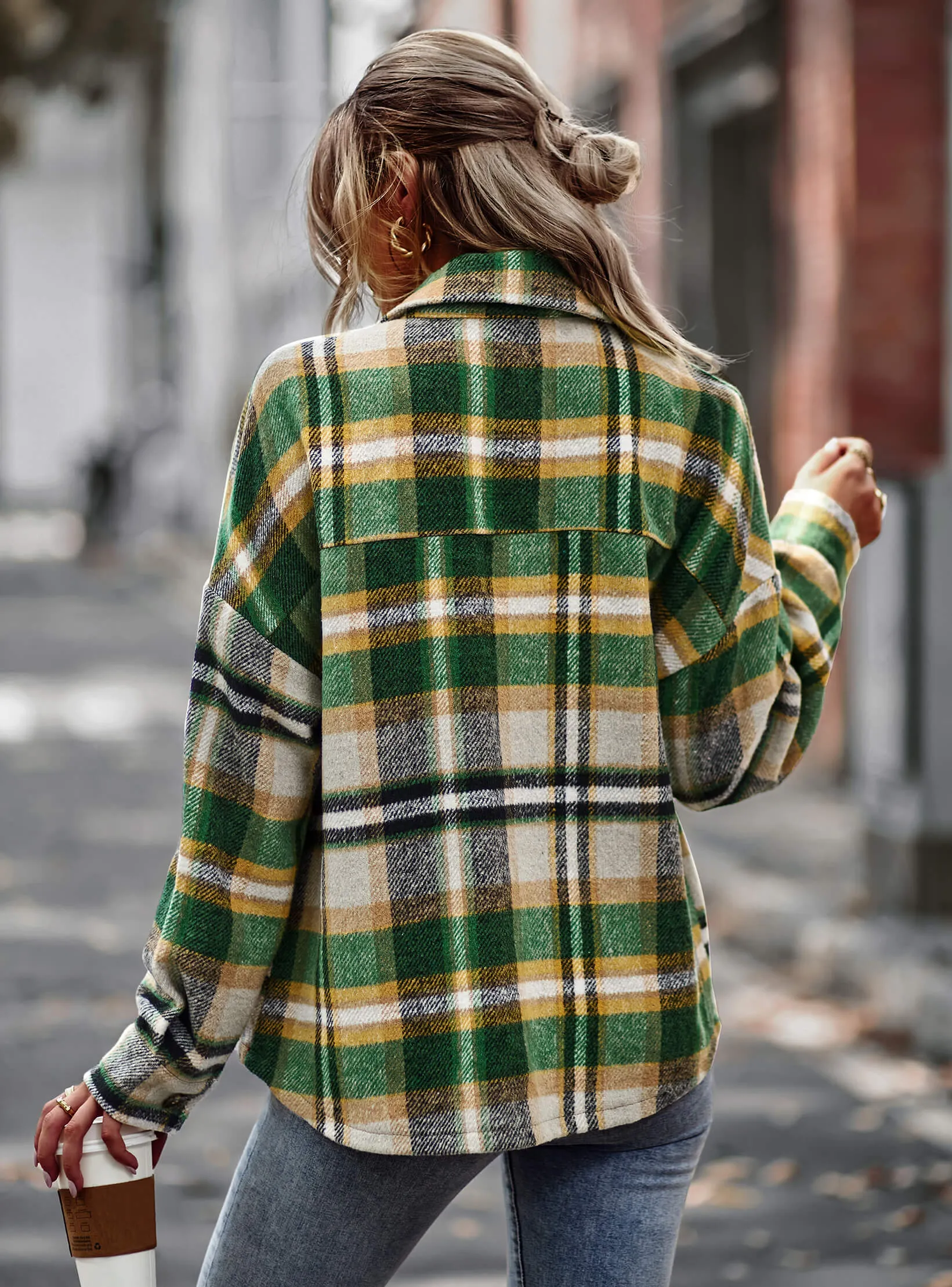 Collared Button-Up Pocketed Plaid Shacket - Green