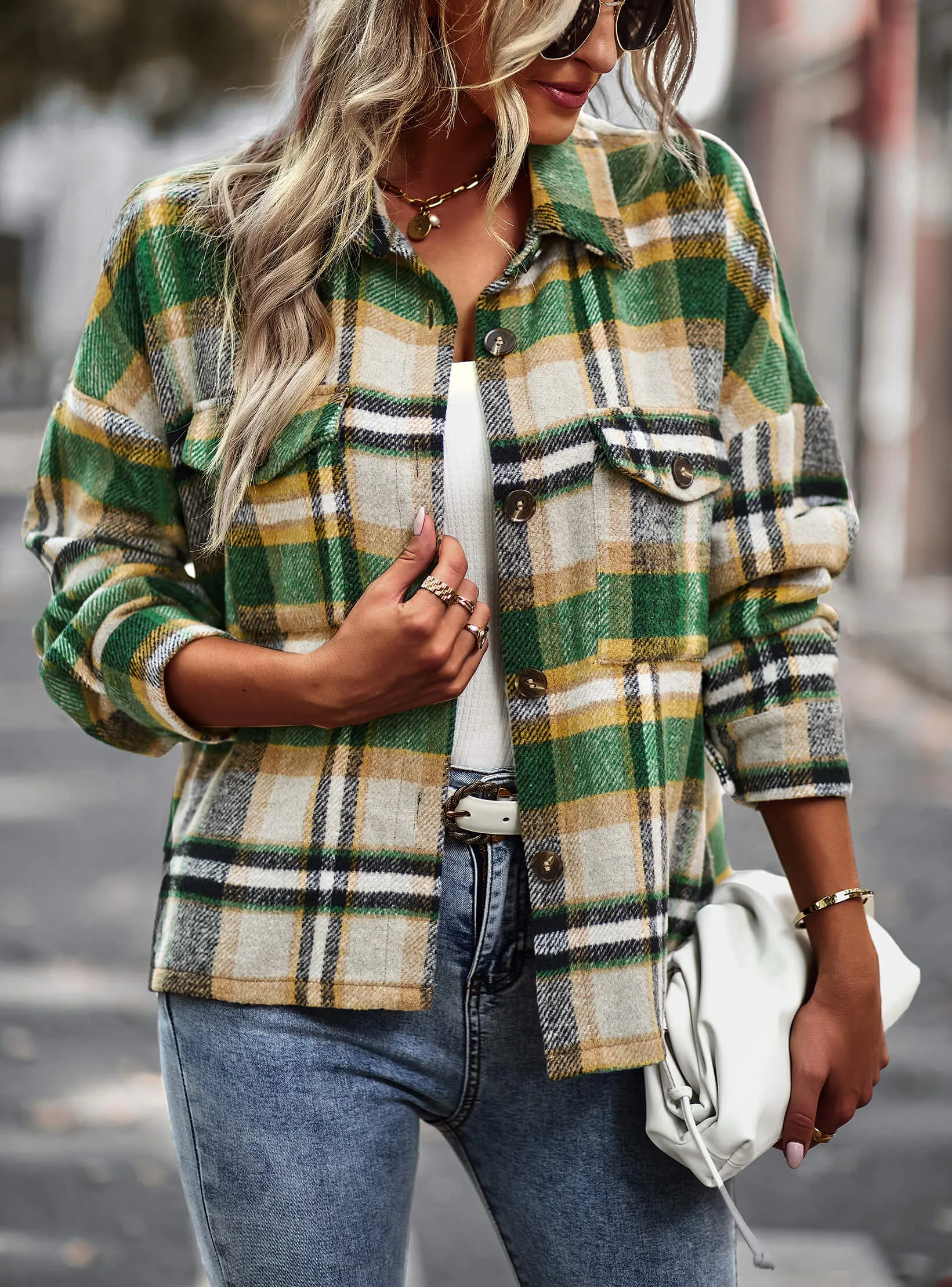 Collared Button-Up Pocketed Plaid Shacket - Green