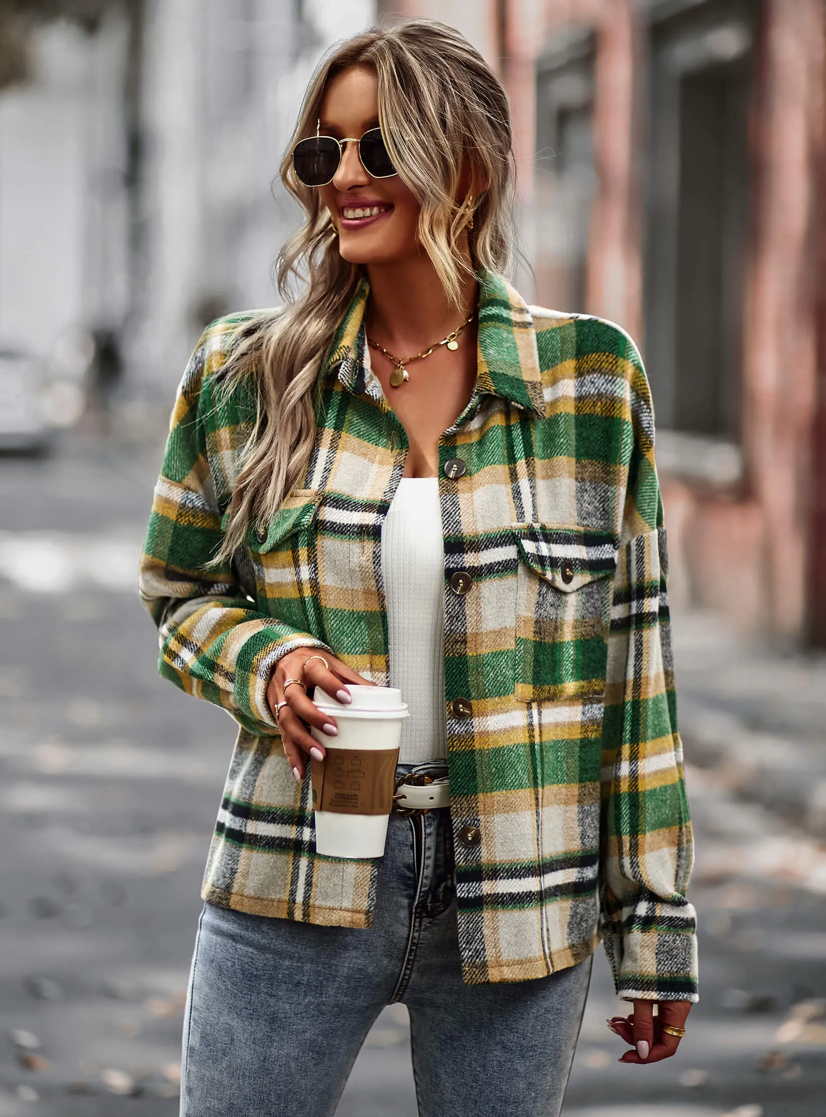 Collared Button-Up Pocketed Plaid Shacket - Green