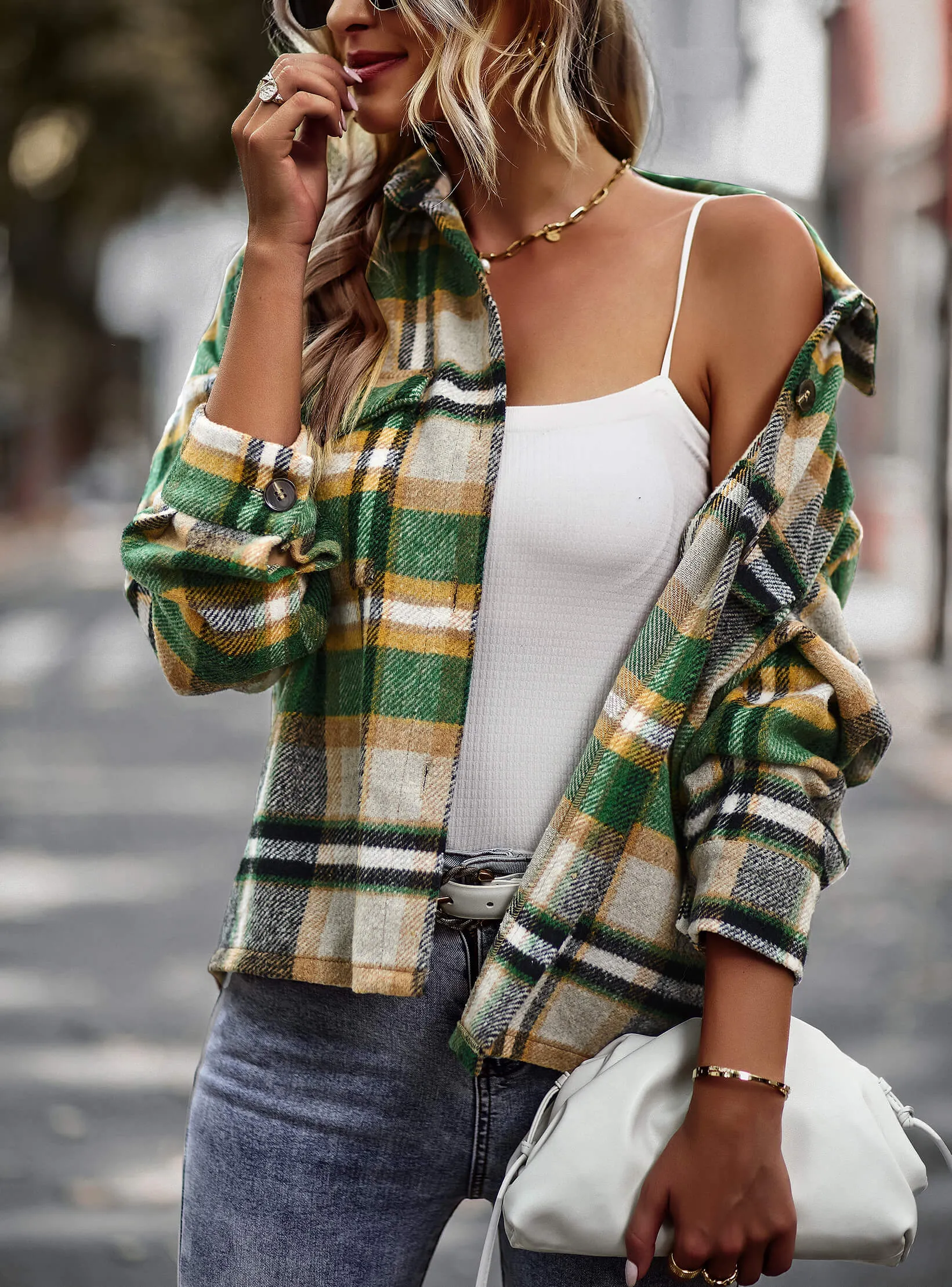 Collared Button-Up Pocketed Plaid Shacket - Green