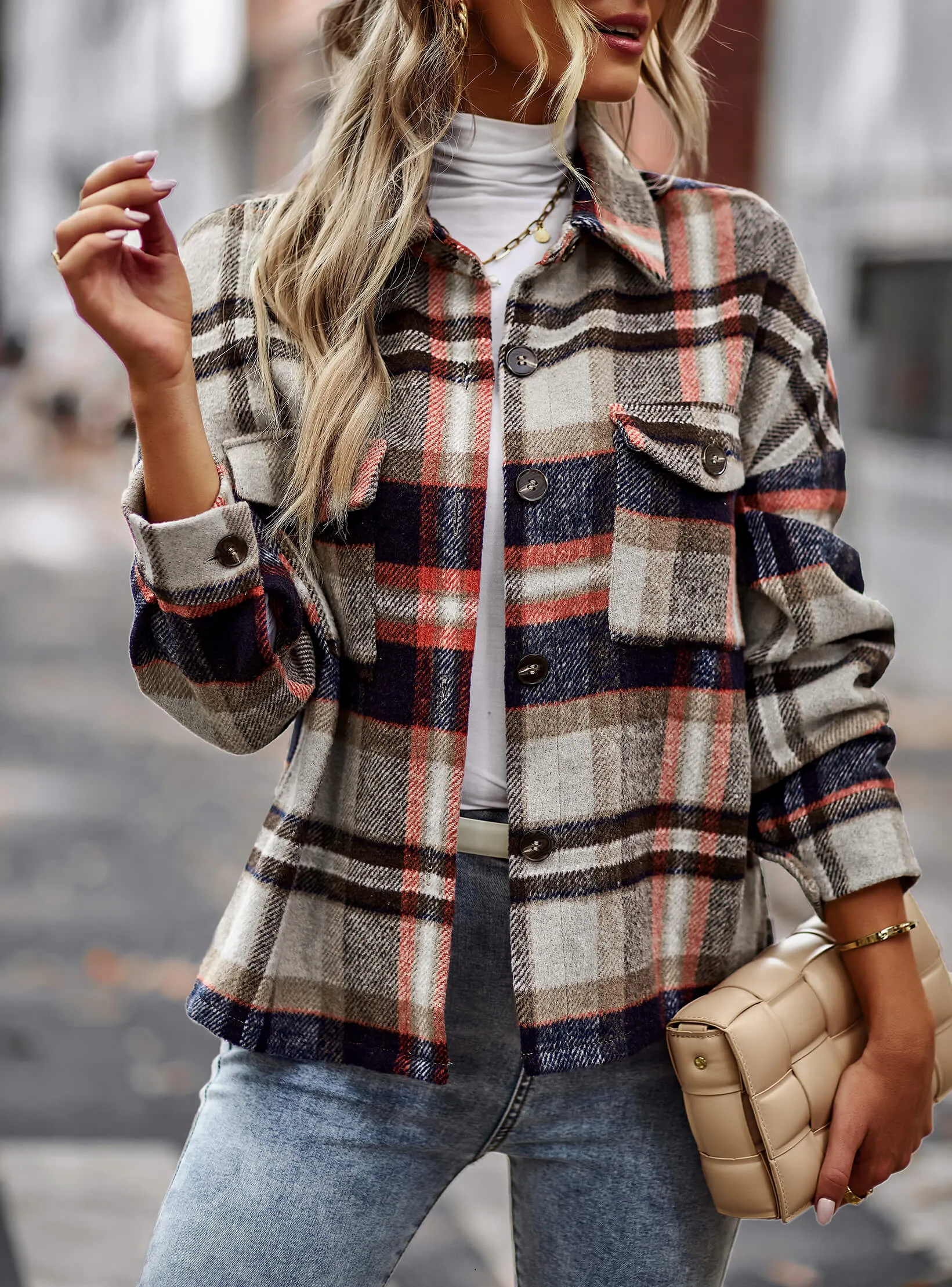 Collared Button-Up Pocketed Plaid Shacket - Grey