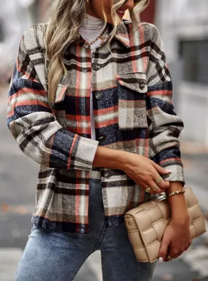 Collared Button-Up Pocketed Plaid Shacket - Grey