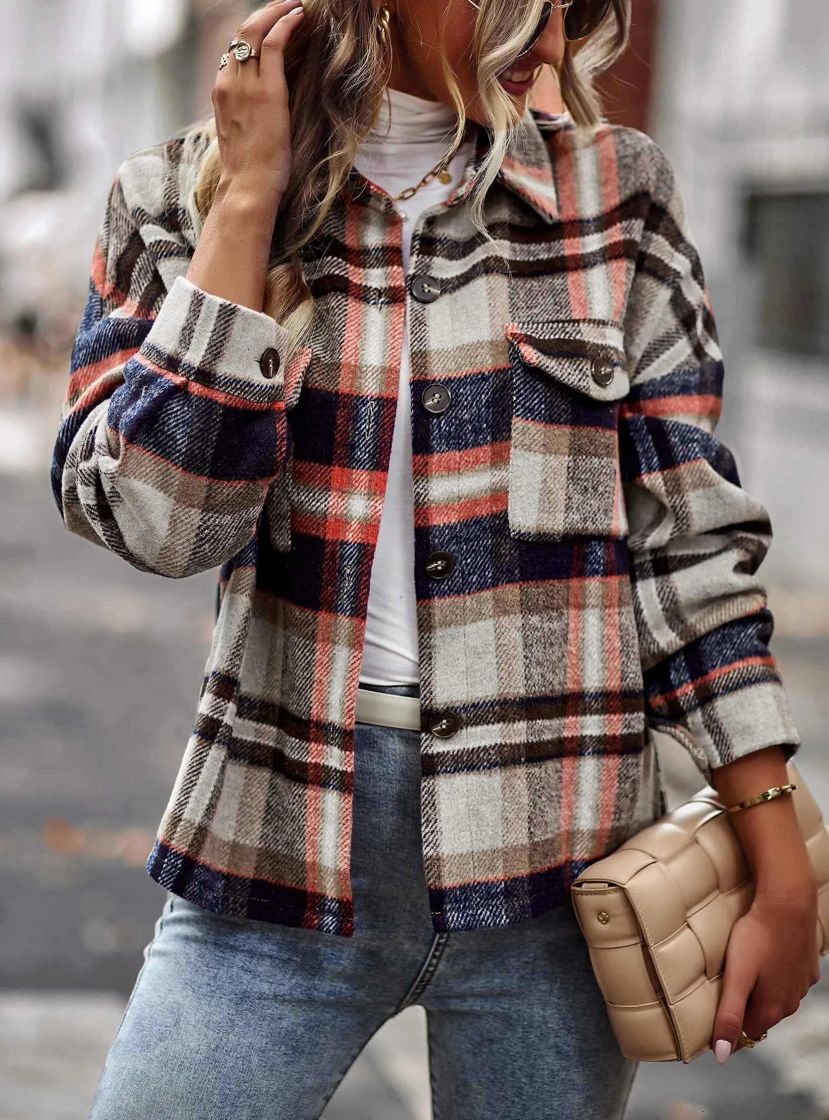 Collared Button-Up Pocketed Plaid Shacket - Grey