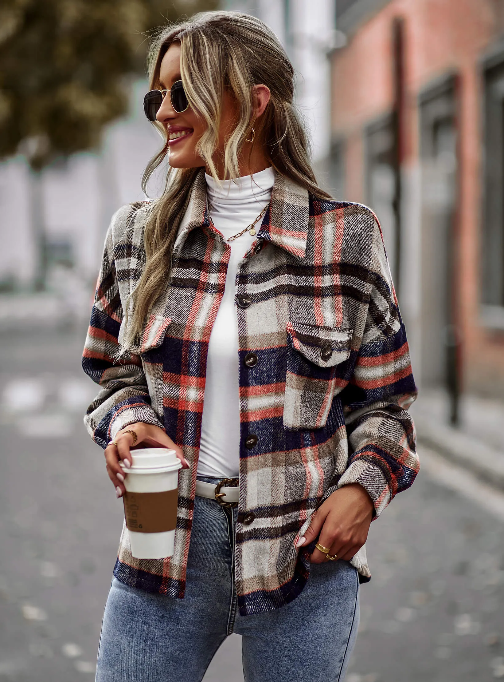 Collared Button-Up Pocketed Plaid Shacket - Grey