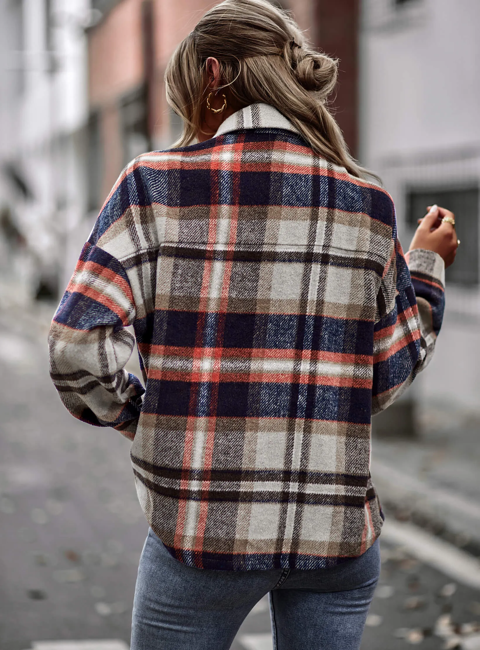 Collared Button-Up Pocketed Plaid Shacket - Grey