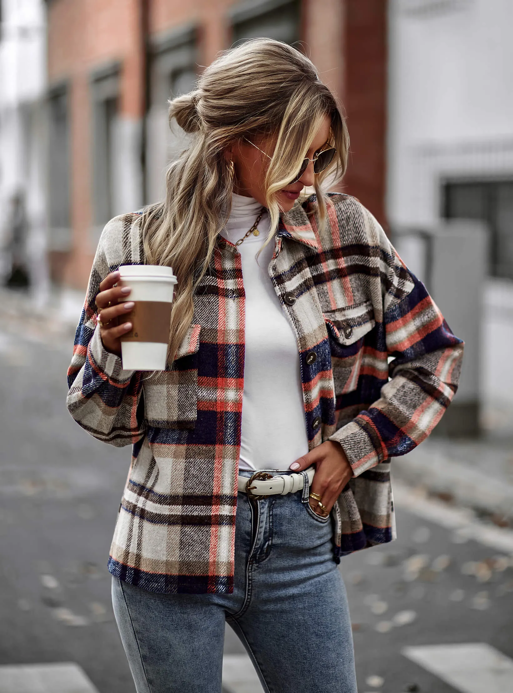 Collared Button-Up Pocketed Plaid Shacket - Grey