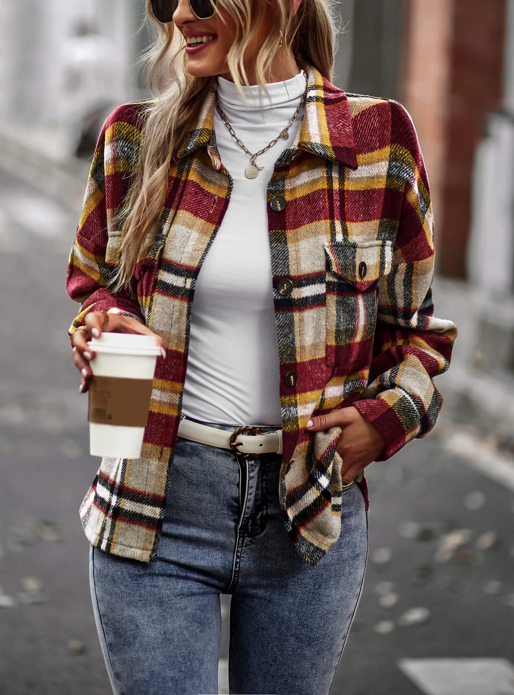 Collared Button-Up Pocketed Plaid Shacket - Rust