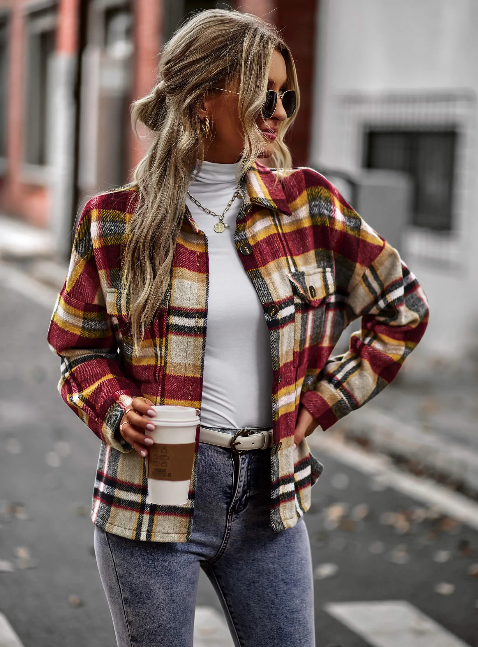 Collared Button-Up Pocketed Plaid Shacket - Rust