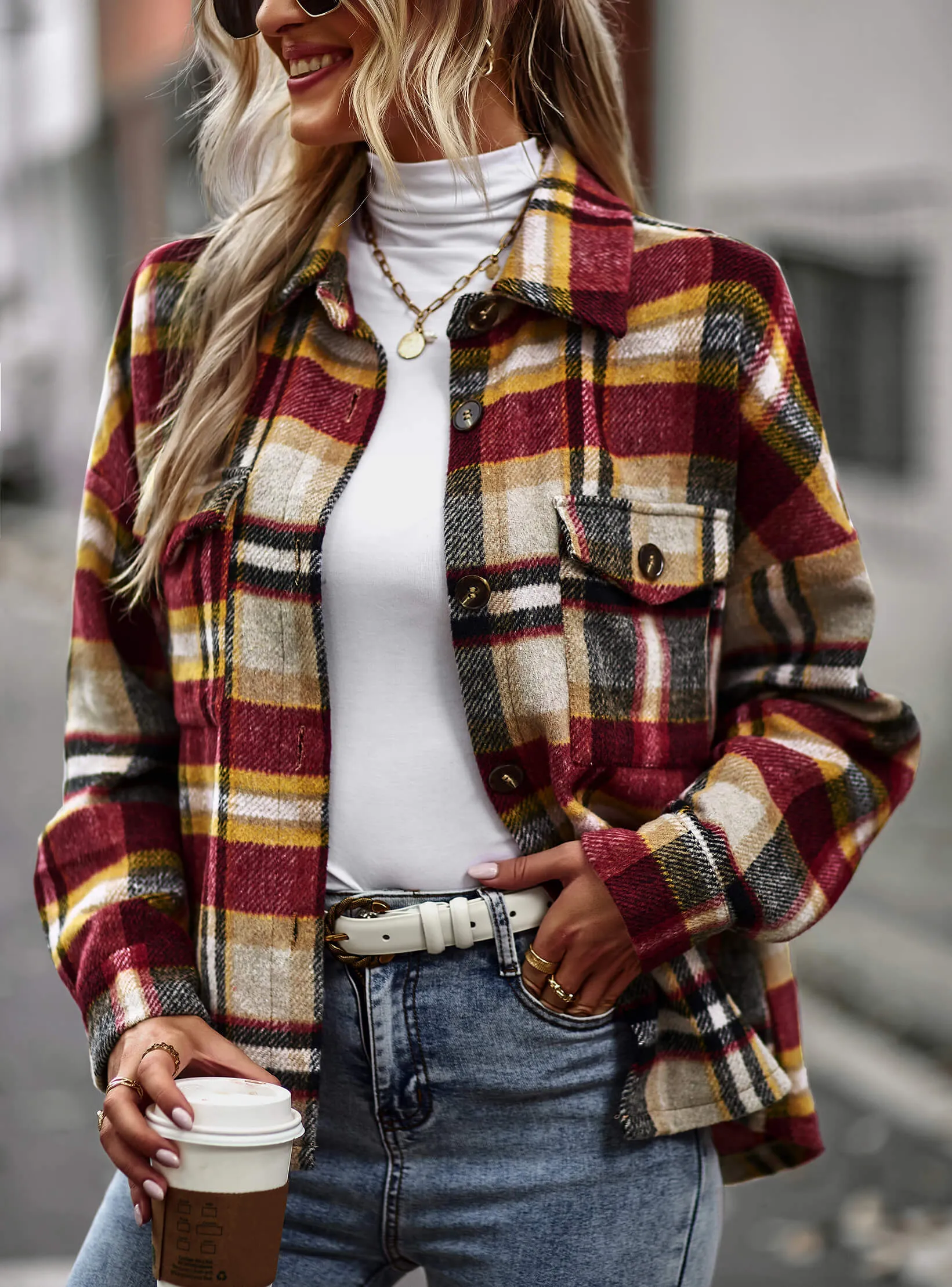 Collared Button-Up Pocketed Plaid Shacket - Rust