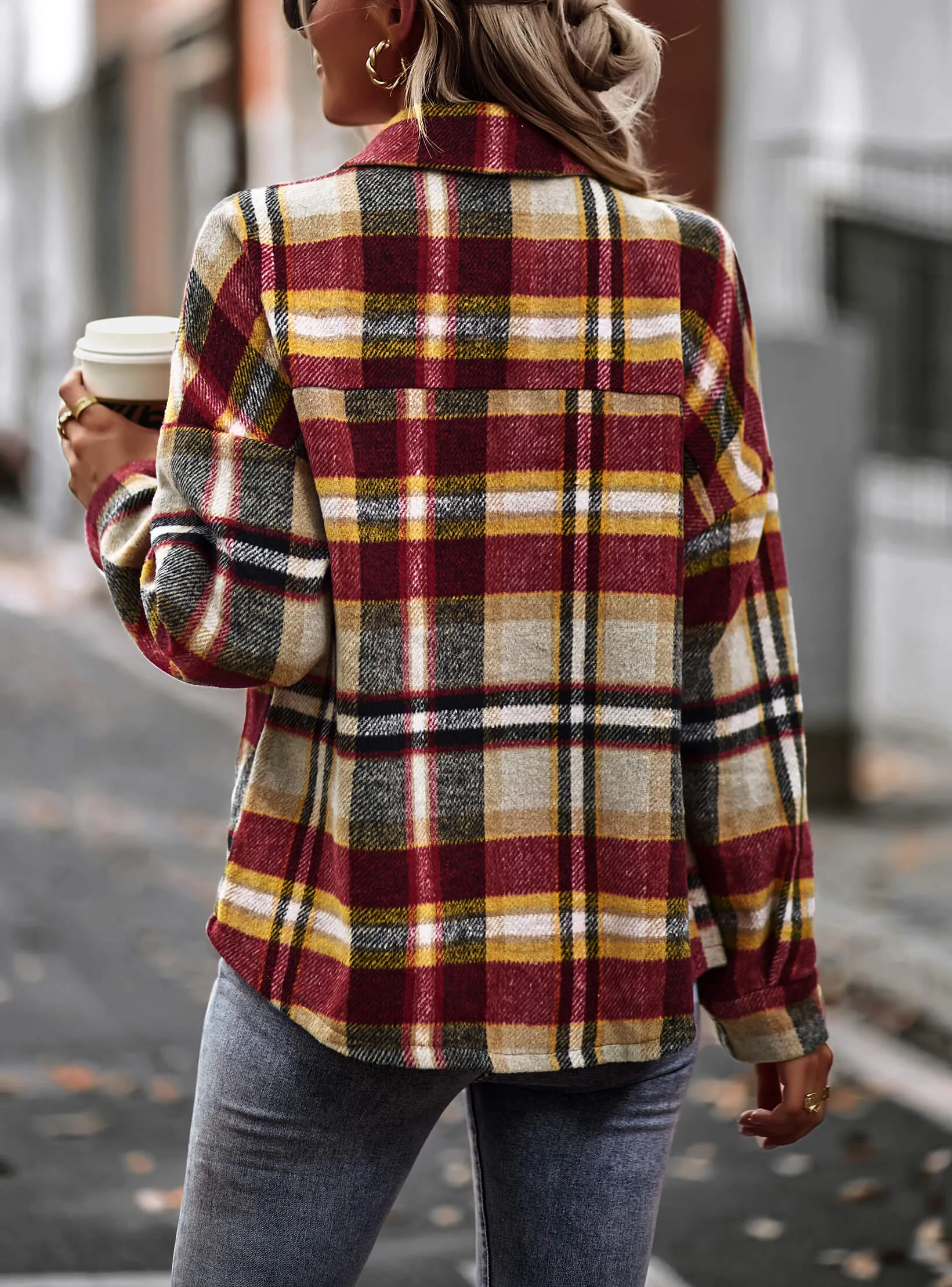 Collared Button-Up Pocketed Plaid Shacket - Rust