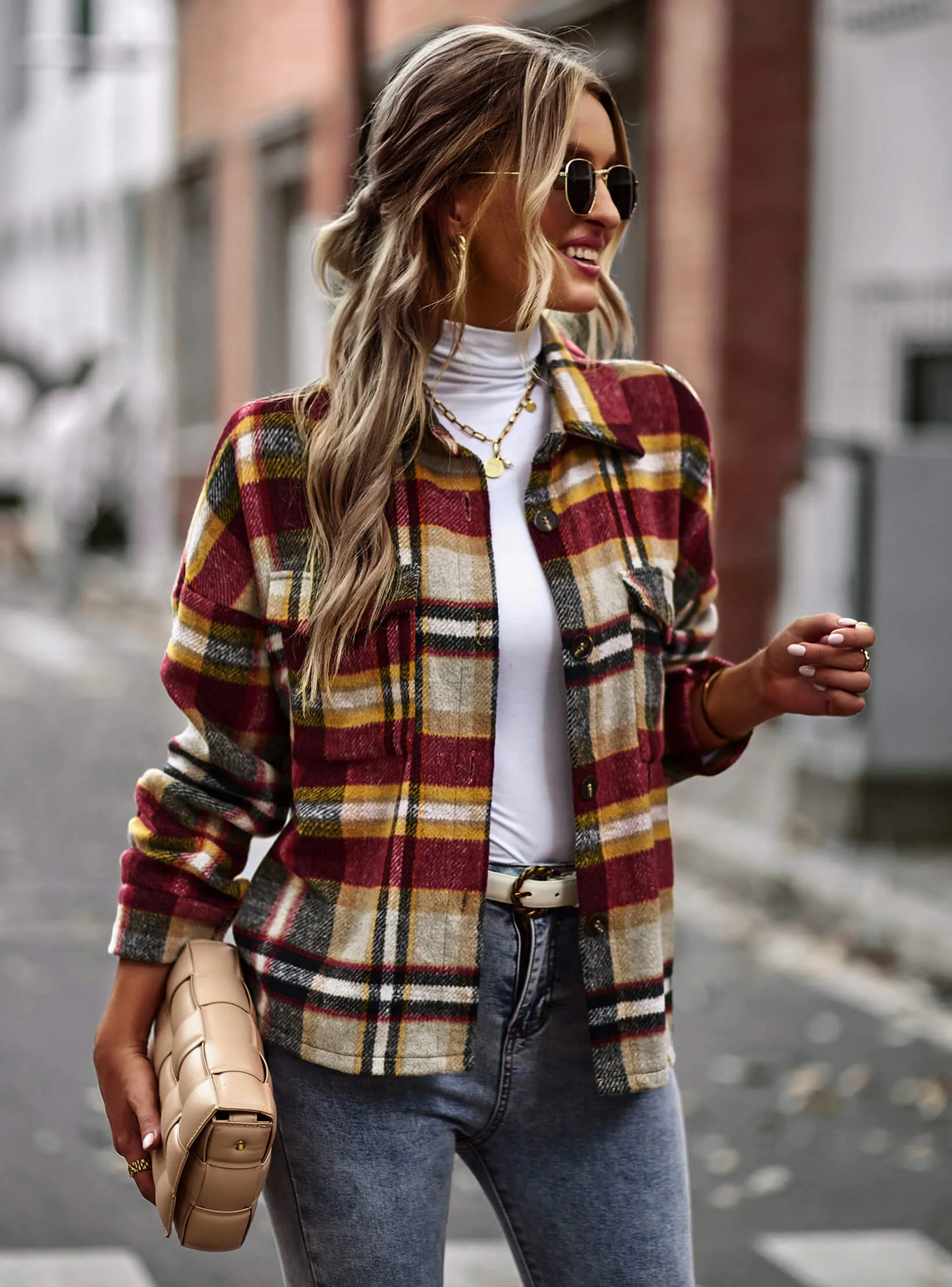 Collared Button-Up Pocketed Plaid Shacket - Rust