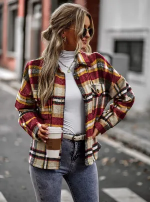 Collared Button-Up Pocketed Plaid Shacket - Rust
