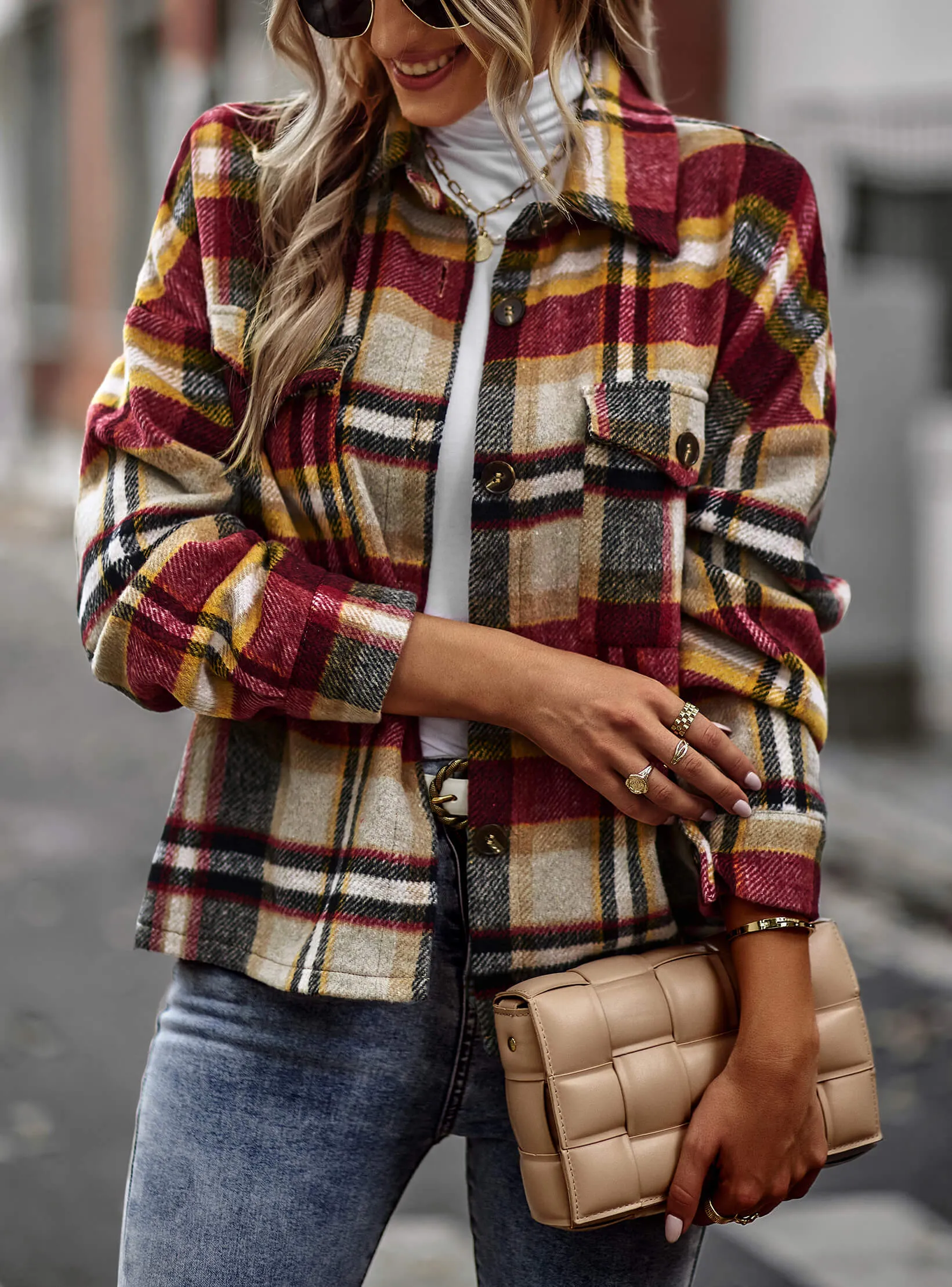 Collared Button-Up Pocketed Plaid Shacket - Rust