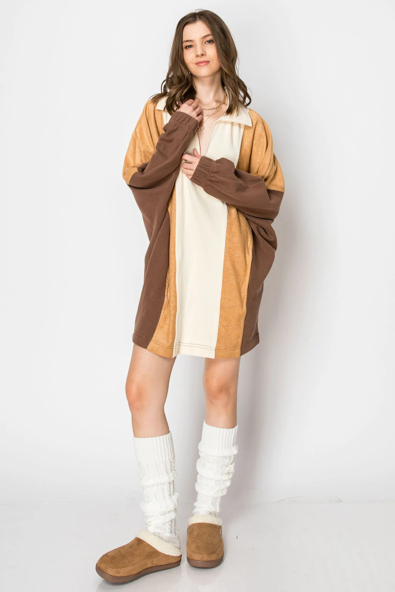 COLOR BLOCK LONG SLEEVE COLLARED MINI DRESS WITH POCKETS
