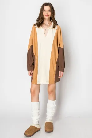 COLOR BLOCK LONG SLEEVE COLLARED MINI DRESS WITH POCKETS