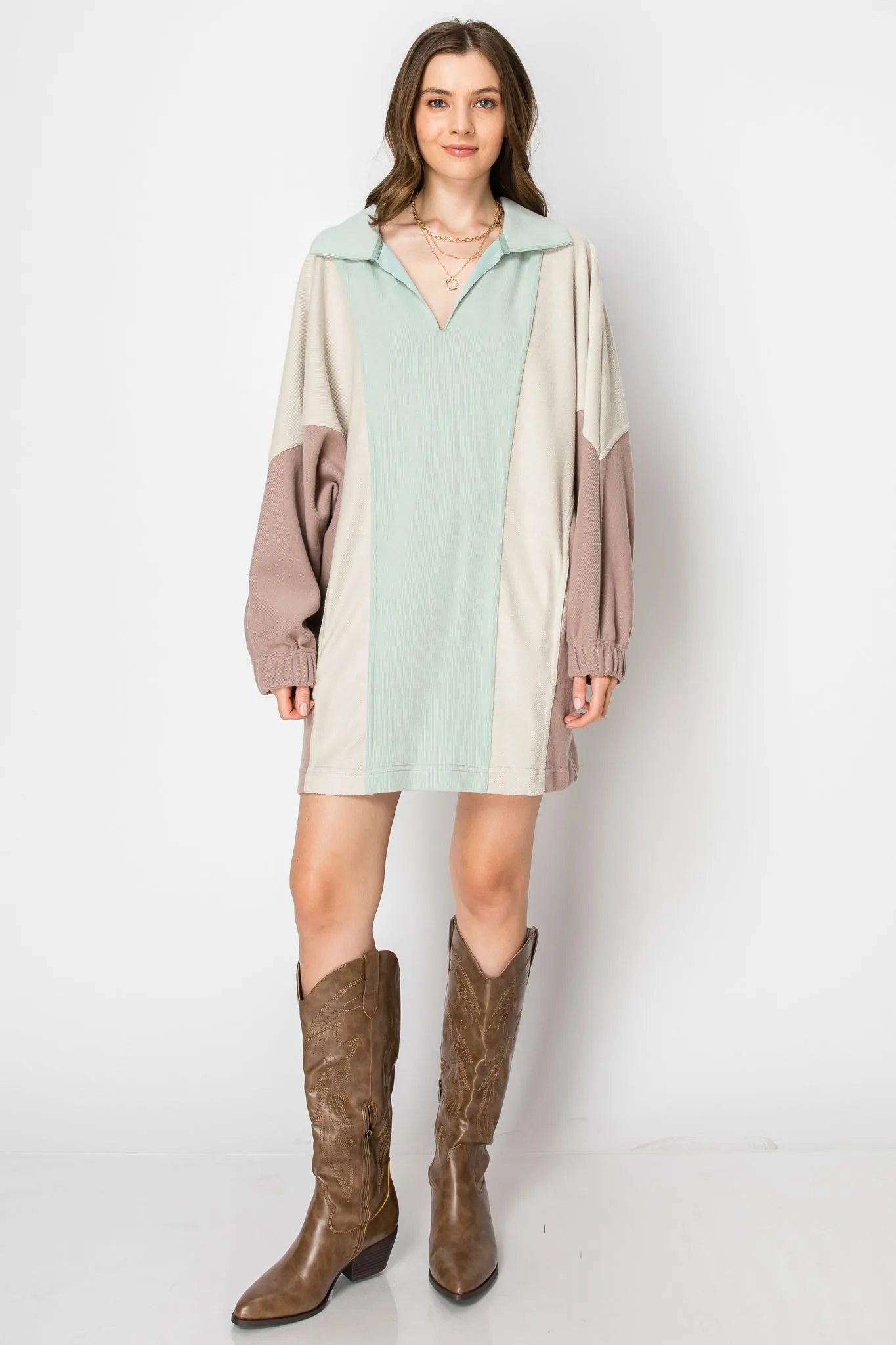 COLOR BLOCK LONG SLEEVE COLLARED MINI DRESS WITH POCKETS