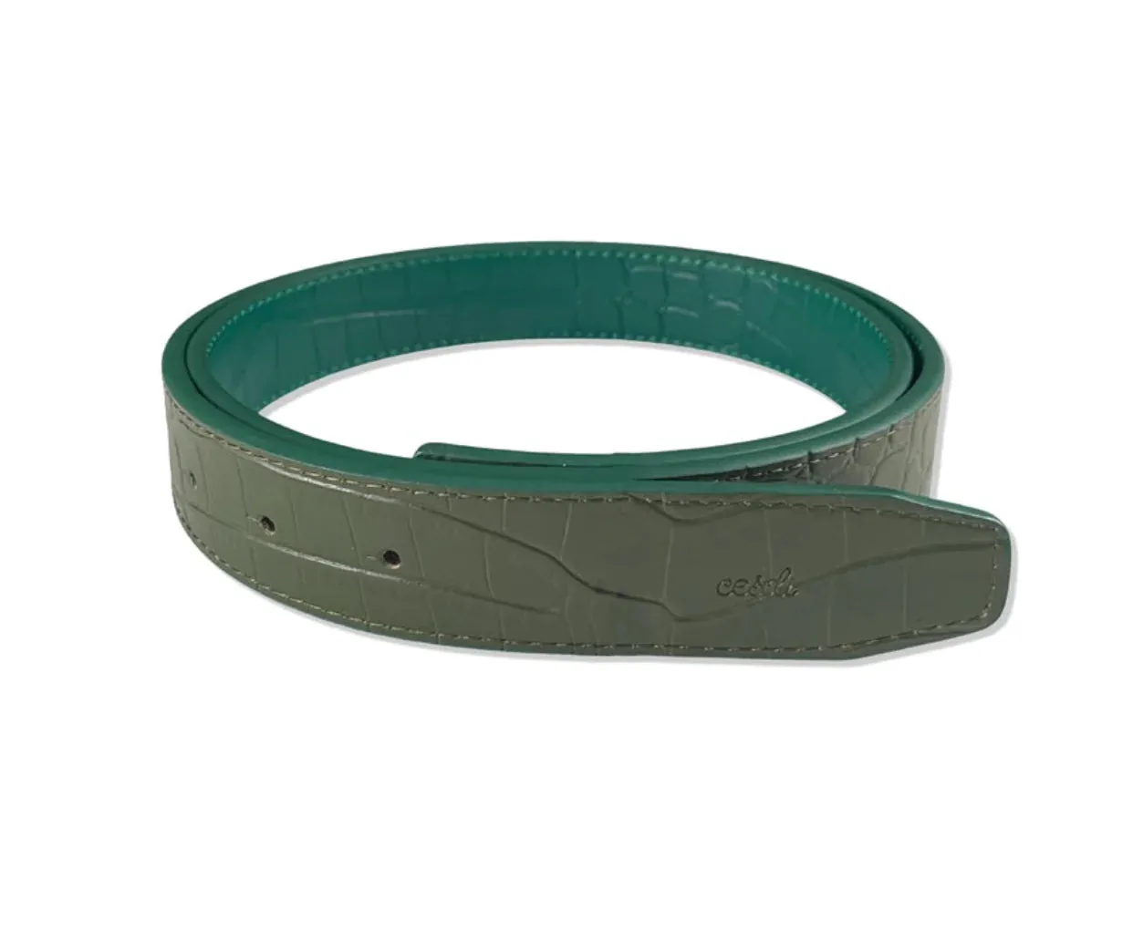 Croc Embossed Reversible Leather Belt: Emerald/Salut