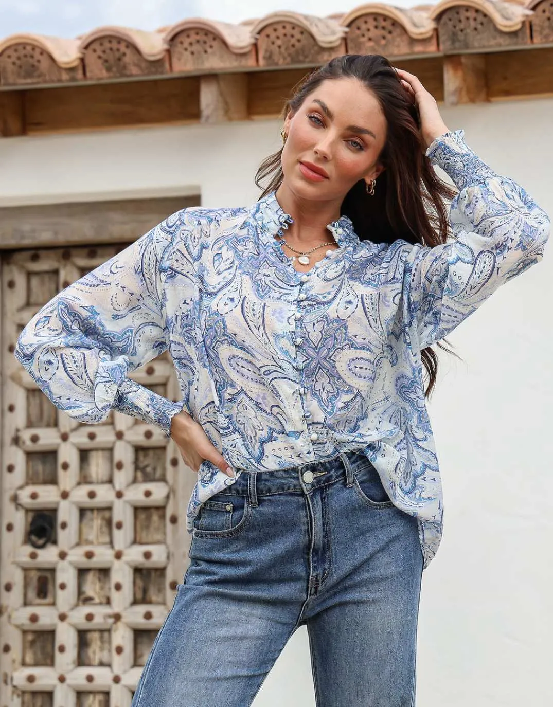 Dana Shirred Cuff Button Blouse - Blue