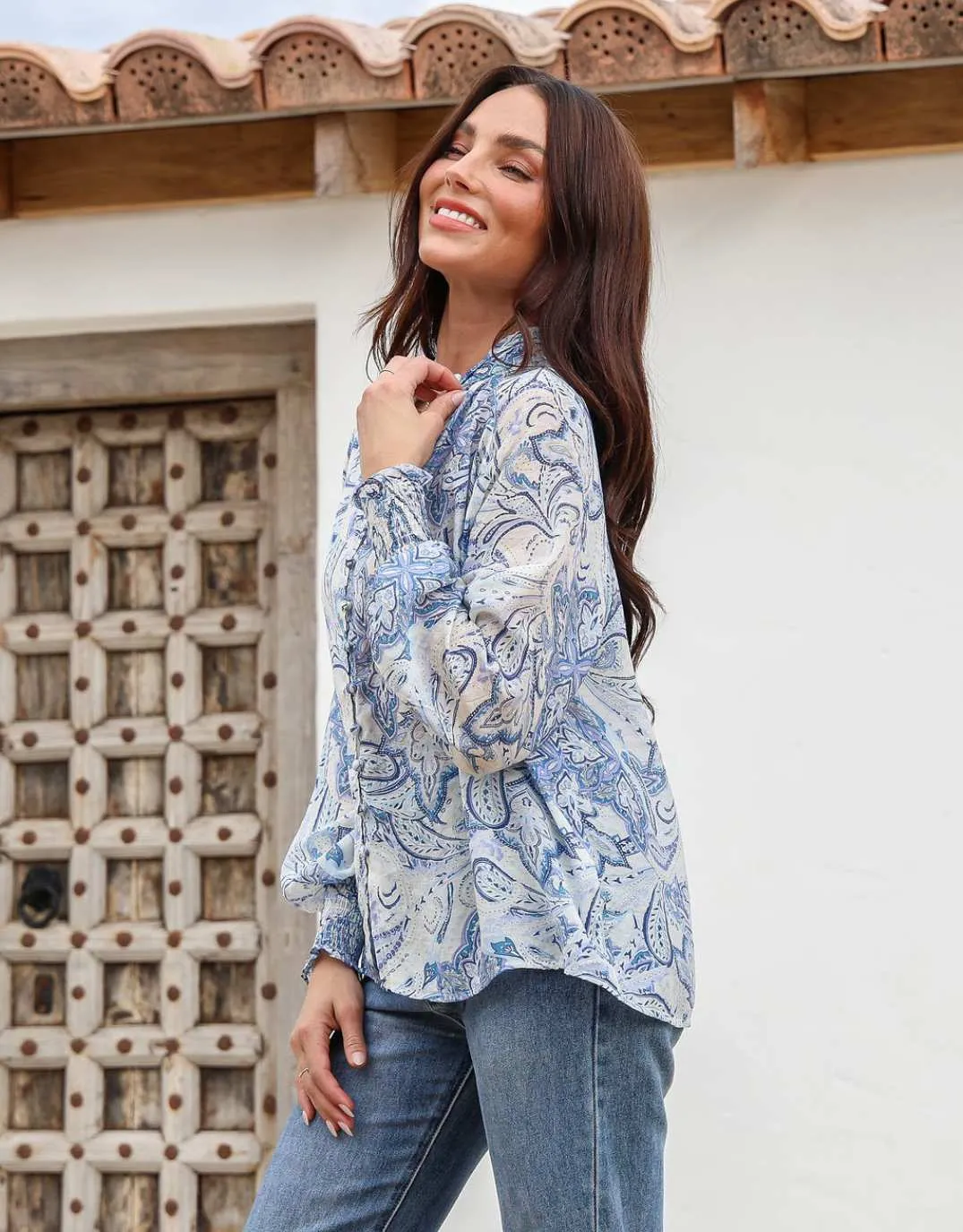 Dana Shirred Cuff Button Blouse - Blue