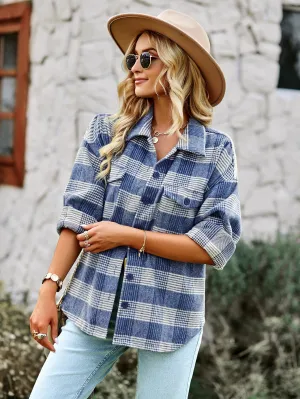 Distressed Plaid Shacket - Blue