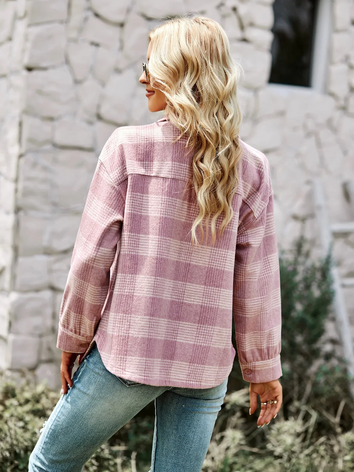 Distressed Plaid Shacket - Pink