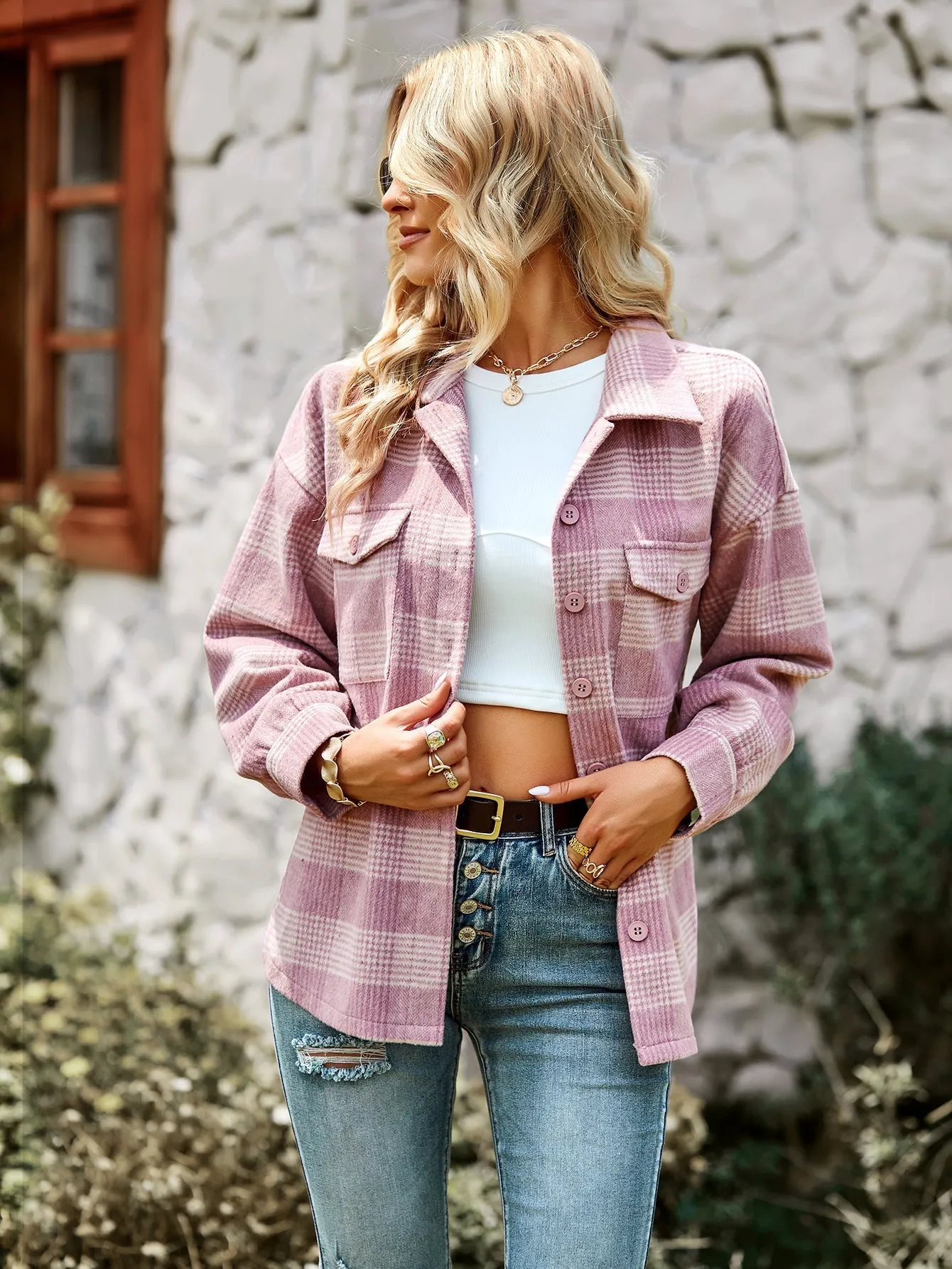 Distressed Plaid Shacket - Pink