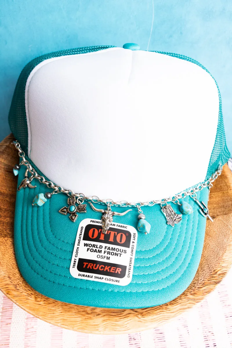 Dustdale Ridge Silvertone & Turquoise Bead Charm Hat Chain