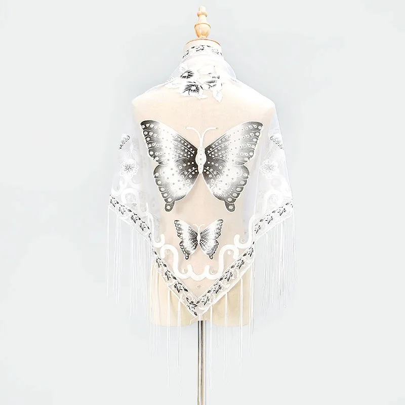 Elegant Butterfly Print Lace Tassel Shawl For Women Triangular Fashion Breathable Scarf Beach Sun Protection Cloak Accessories