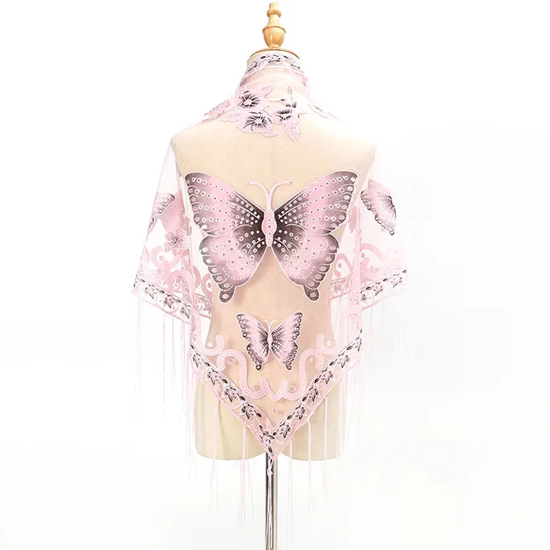 Elegant Butterfly Print Lace Tassel Shawl For Women Triangular Fashion Breathable Scarf Beach Sun Protection Cloak Accessories