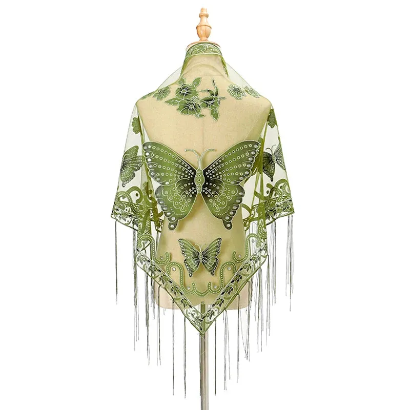 Elegant Butterfly Print Lace Tassel Shawl For Women Triangular Fashion Breathable Scarf Beach Sun Protection Cloak Accessories