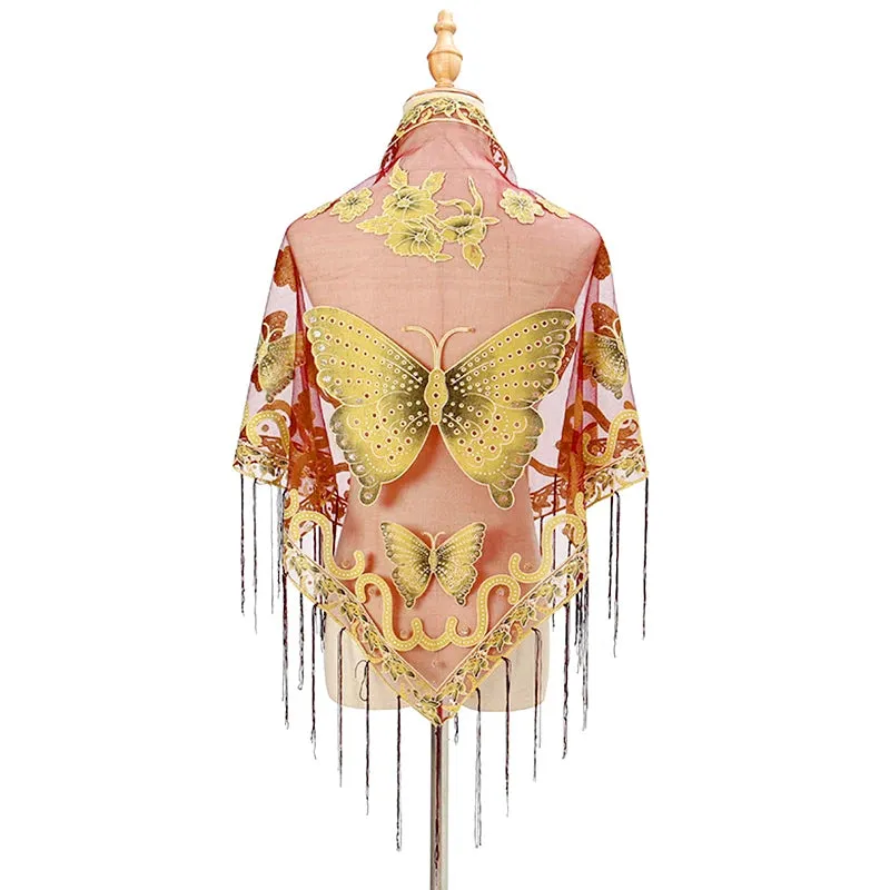 Elegant Butterfly Print Lace Tassel Shawl For Women Triangular Fashion Breathable Scarf Beach Sun Protection Cloak Accessories