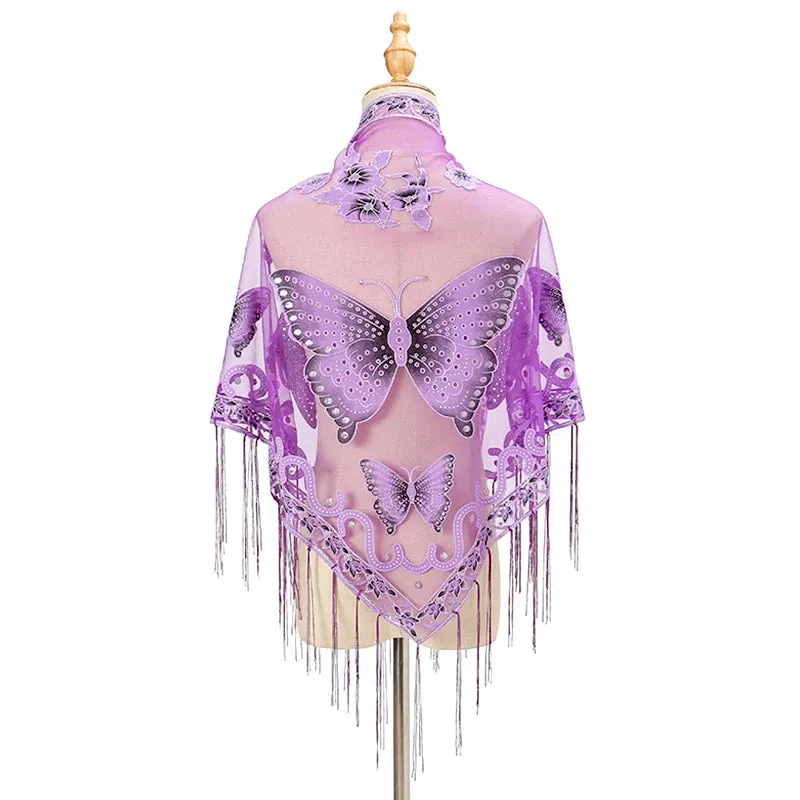 Elegant Butterfly Print Lace Tassel Shawl For Women Triangular Fashion Breathable Scarf Beach Sun Protection Cloak Accessories