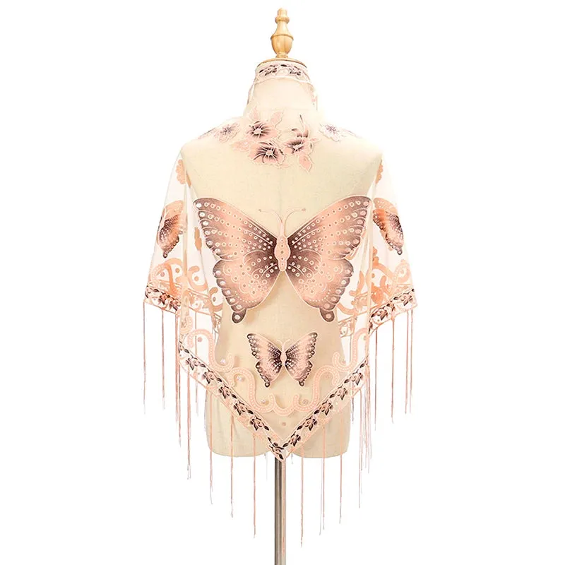 Elegant Butterfly Print Lace Tassel Shawl For Women Triangular Fashion Breathable Scarf Beach Sun Protection Cloak Accessories