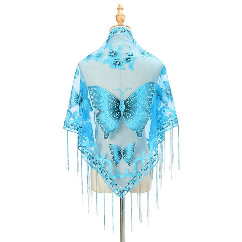 Elegant Butterfly Print Lace Tassel Shawl For Women Triangular Fashion Breathable Scarf Beach Sun Protection Cloak Accessories