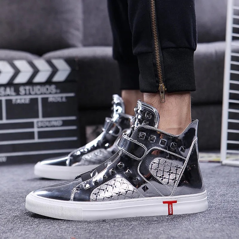 England style mens casual breathable patent leather shoes hip hop oxfords shoe flat platform motorcycle ankle boots zapatos male