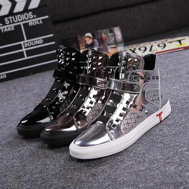 England style mens casual breathable patent leather shoes hip hop oxfords shoe flat platform motorcycle ankle boots zapatos male