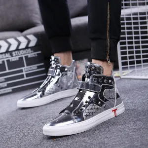 England style mens casual breathable patent leather shoes hip hop oxfords shoe flat platform motorcycle ankle boots zapatos male