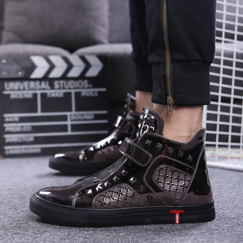 England style mens casual breathable patent leather shoes hip hop oxfords shoe flat platform motorcycle ankle boots zapatos male