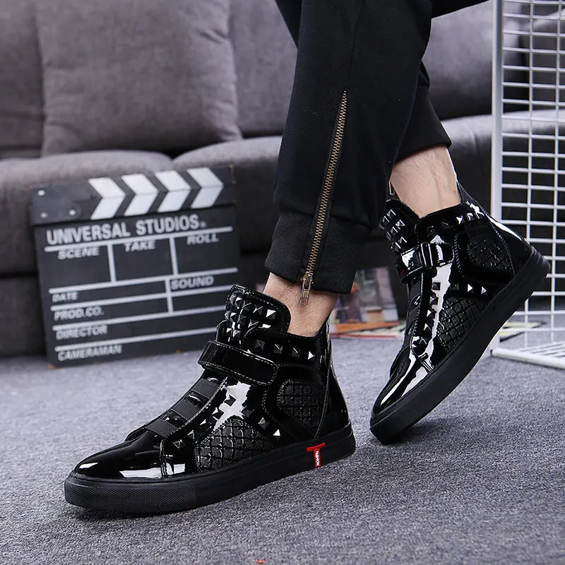 England style mens casual breathable patent leather shoes hip hop oxfords shoe flat platform motorcycle ankle boots zapatos male